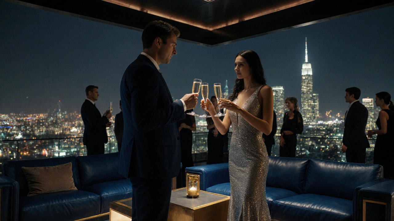 A businessman and an elegant escort clink glasses on a rooftop bar under city lights.