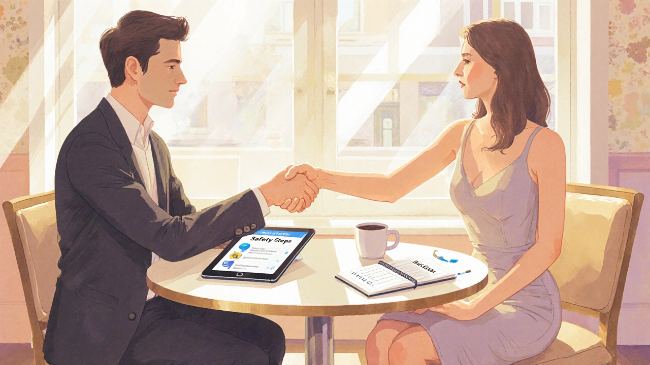 A client and escort discuss details over coffee in a bright café, showing a tablet and safety notes.