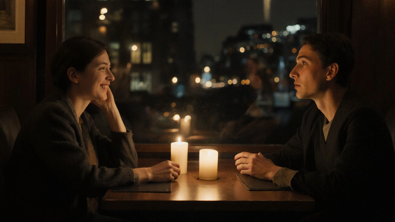 A couple having a thoughtful conversation over candlelight in a London restaurant.