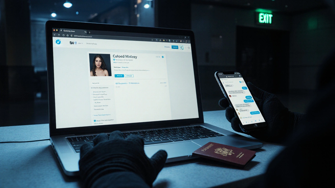 A laptop and phone display a verified escort profile while a hand holds a passport, signifying safe booking.