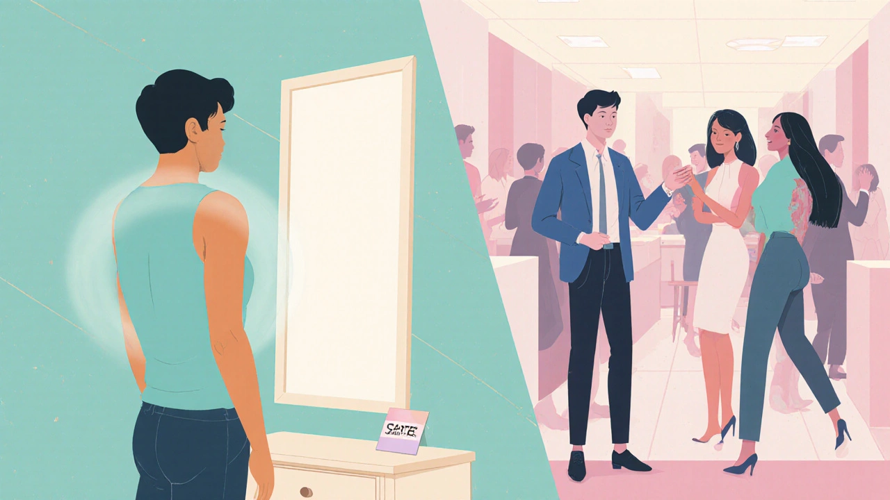 A person looks confidently at their reflection after a supportive escort session, with a soft pastel aura.