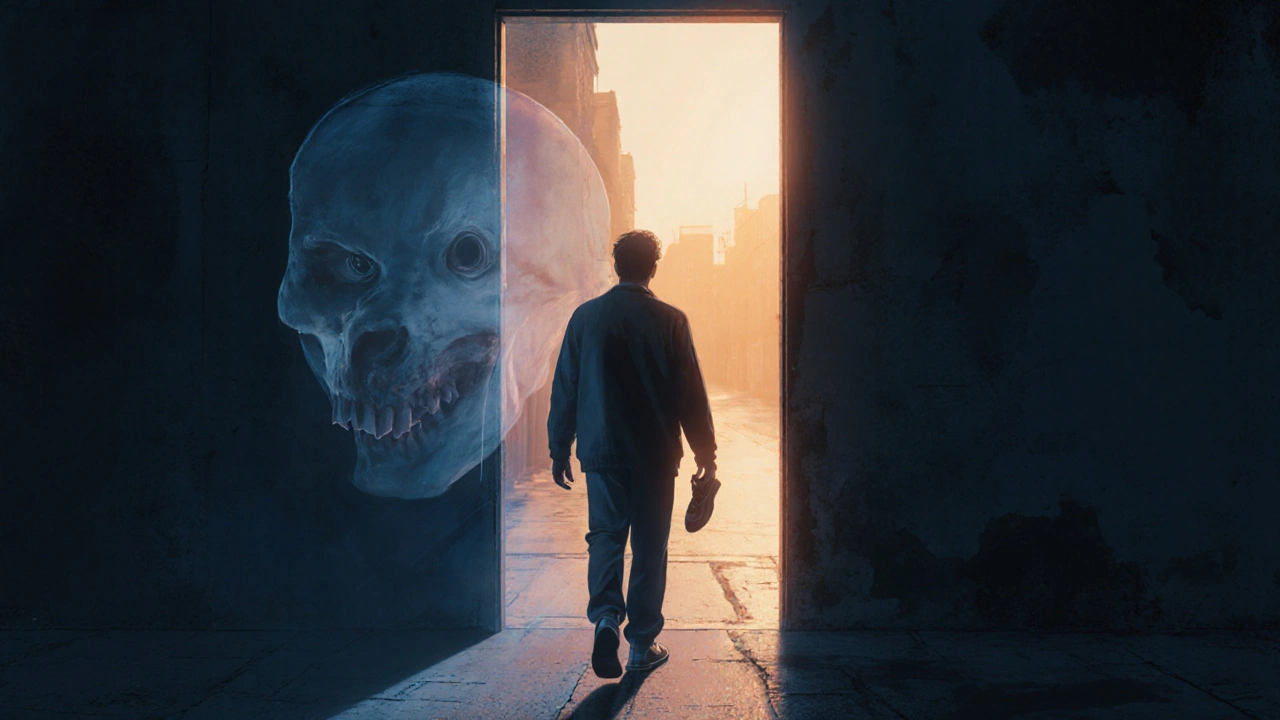 A person walks away from a fading shadowy figure into dawn light, symbolizing leaving behind emotional illusion.