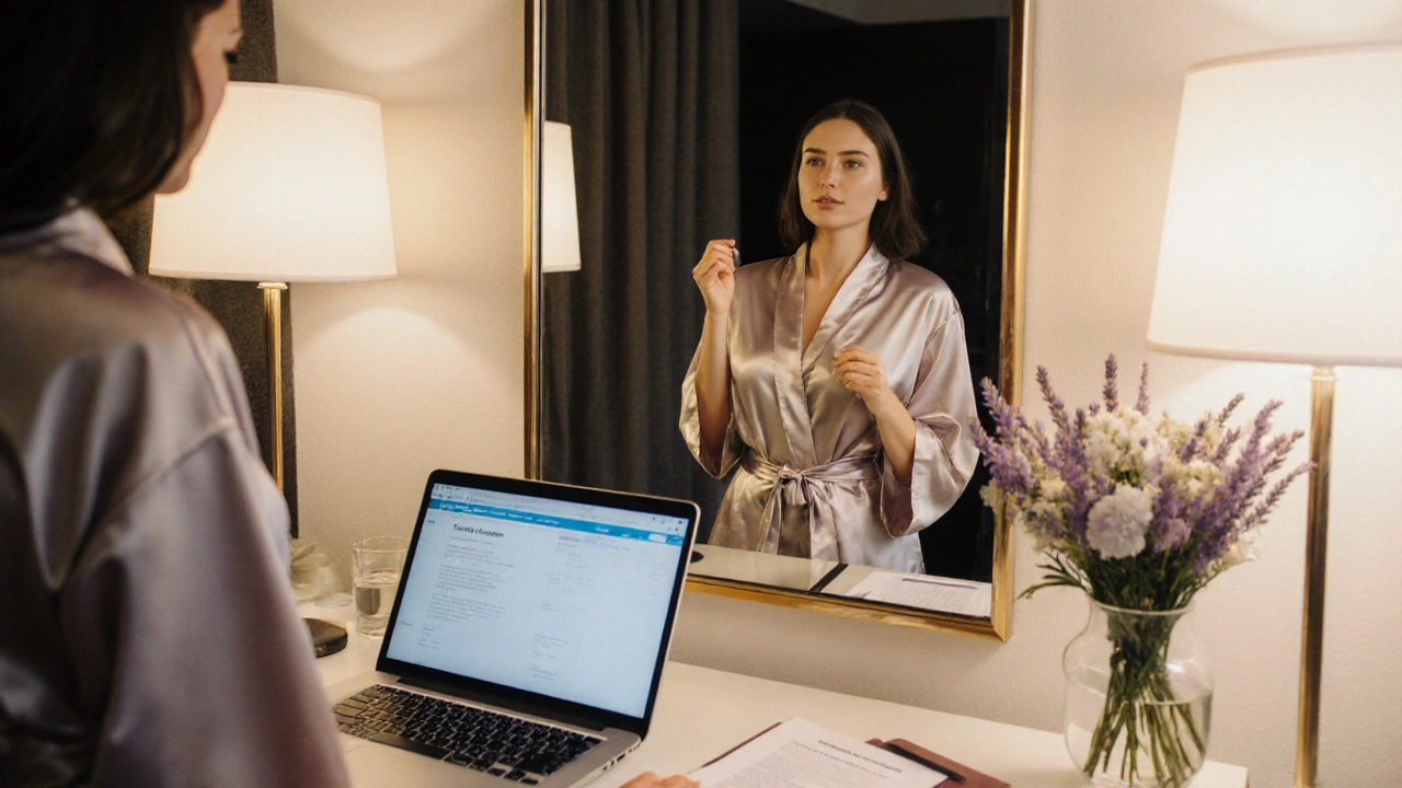 A professional woman in a silk robe checking her appearance in a mirror, surrounded by organized, discreet surroundings.