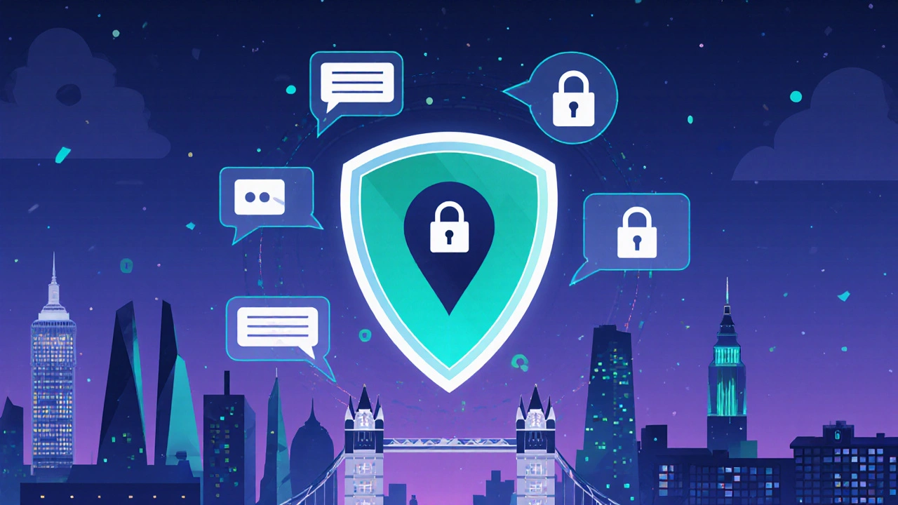 Abstract shield and map icons highlighting safety and privacy in an urban night scene.