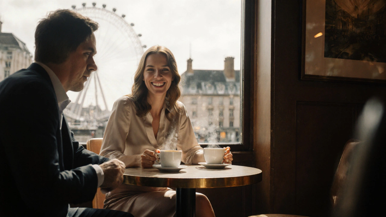 BBW escort and client share a laugh over coffee in a cozy London cafe.