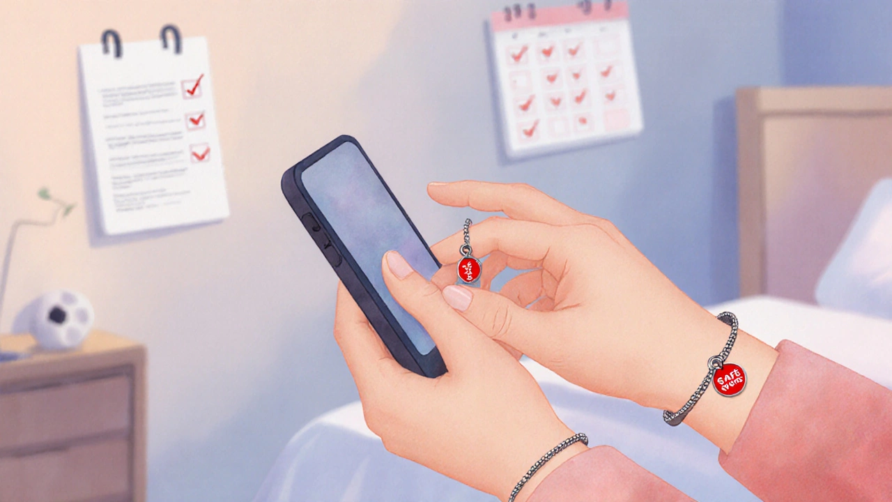 Close‑up of hands showing a safe‑word charm and phone, symbolizing post‑session safety.