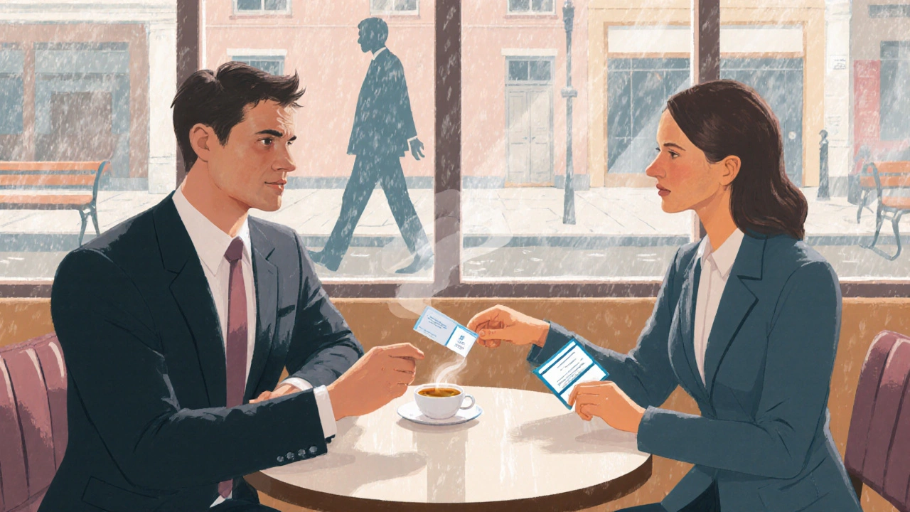 Coffee shop meeting where a client and sex worker verify ID over tea.