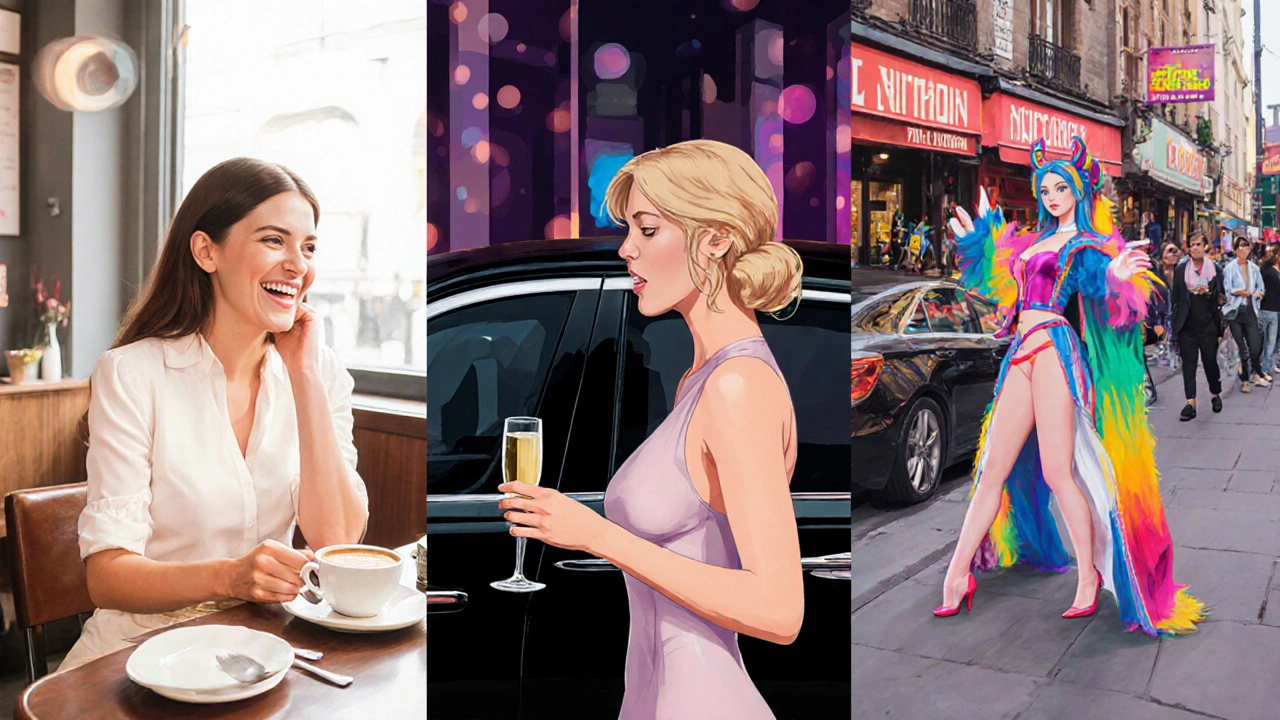 Collage showing GFE café scene, VIP lounge with champagne, and cosplay at Camden market.