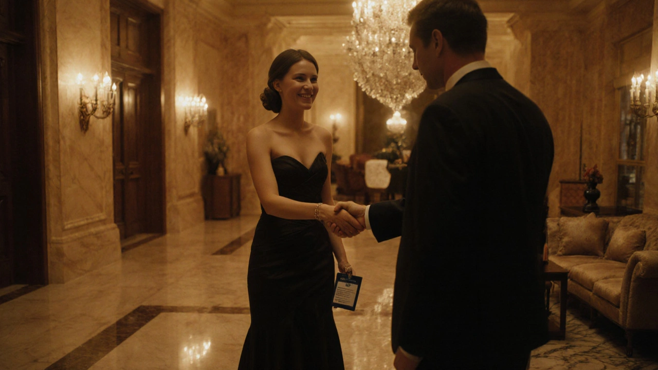 Companion and client exchanging a discreet ID badge in a hotel lobby.