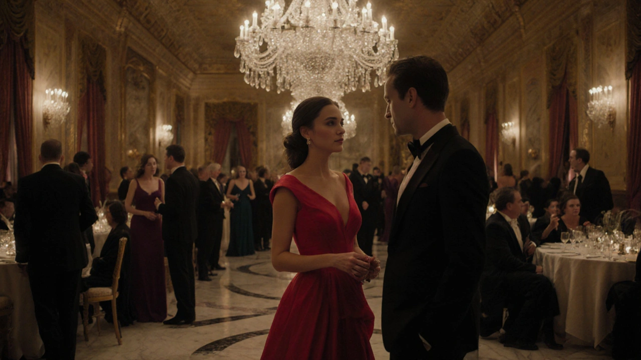 Companion in red dress chatting with client at upscale gala.