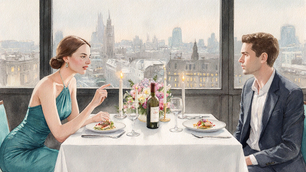 Couple enjoys a candlelit dinner with an escort in a chic restaurant.