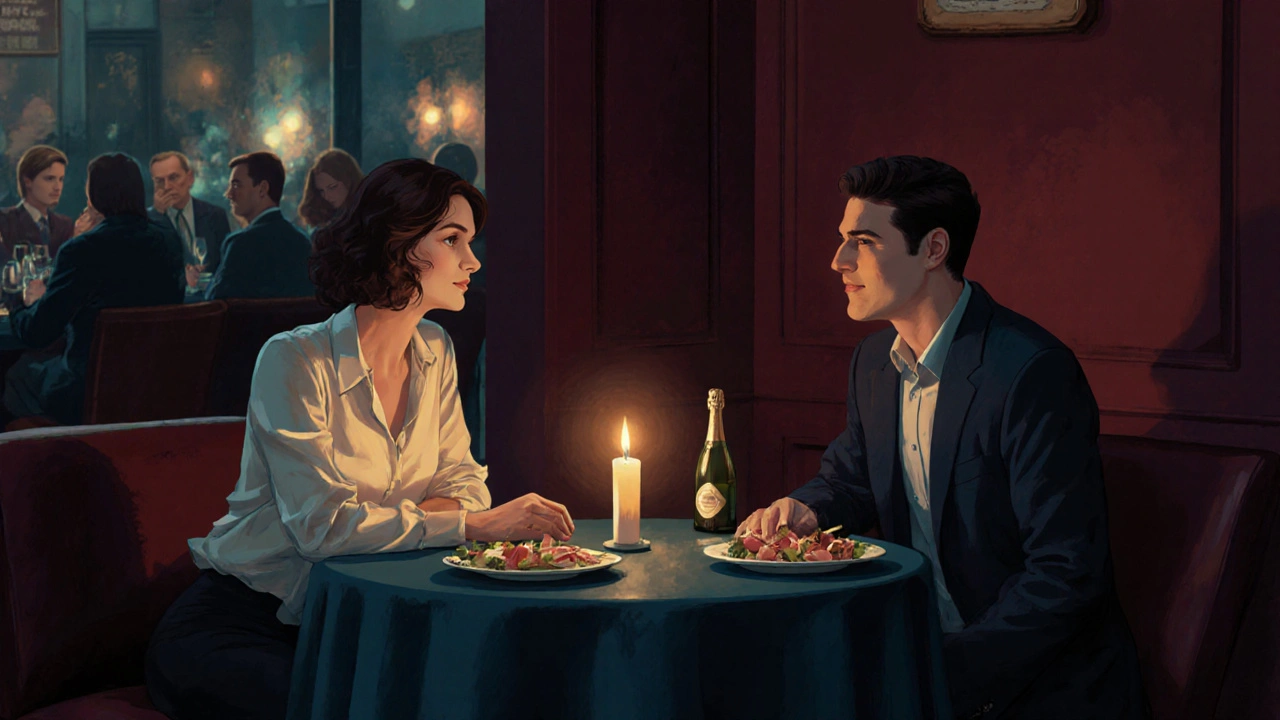 Couple sharing a candlelit dinner in a cozy restaurant, smiling and connecting over food and conversation.