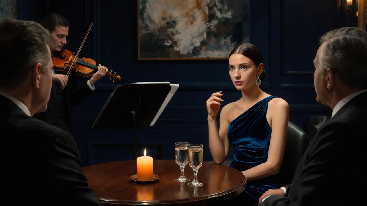 Courtesan and patron converse over champagne in a private Mayfair club with a violinist nearby.