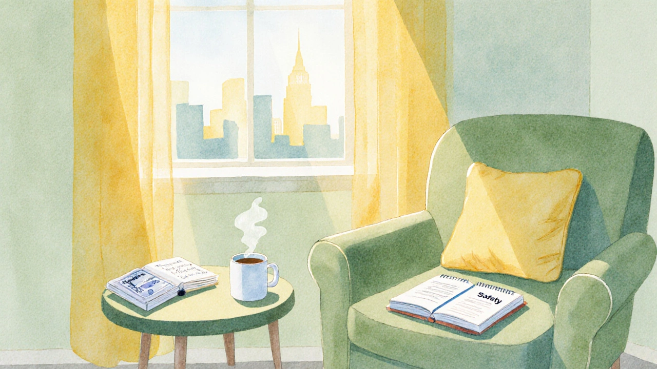 Cozy room with legal handbook, condom pack, and safety word notebook by a window.