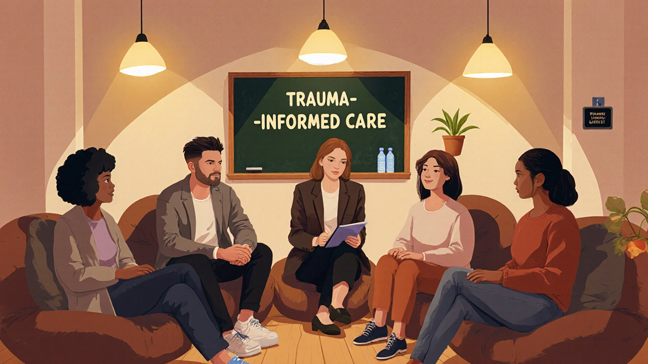 Diverse group in a circle sharing support in a warm community room with a therapist.