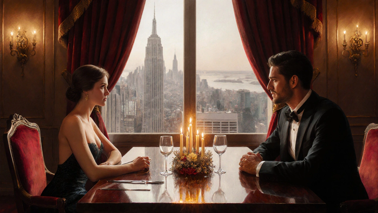 Elegant couple sharing a candlelit dinner, representing professional companionship.