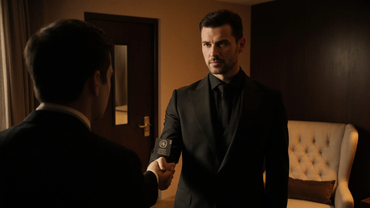 Elegant escort handing a discreet card to a client in a dimly lit hotel suite.