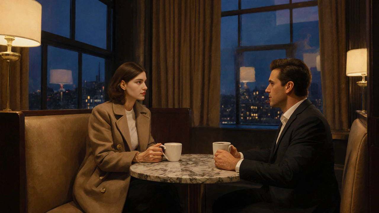 Elegant hotel lounge scene of a man and woman chatting over coffee in a private booth.