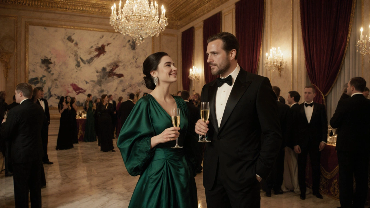 Escort in emerald gown converses at a charity gala with a gentleman.