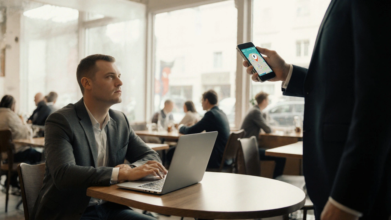 First meeting in a cafe, client and escort greeting with phone showing location sharing.