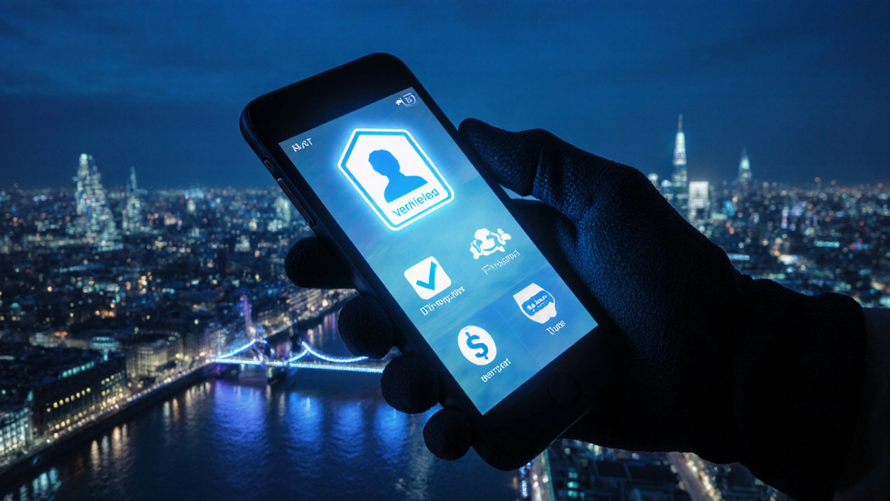 Hand holding a phone displaying a safety badge and verification checklist against a London night skyline.