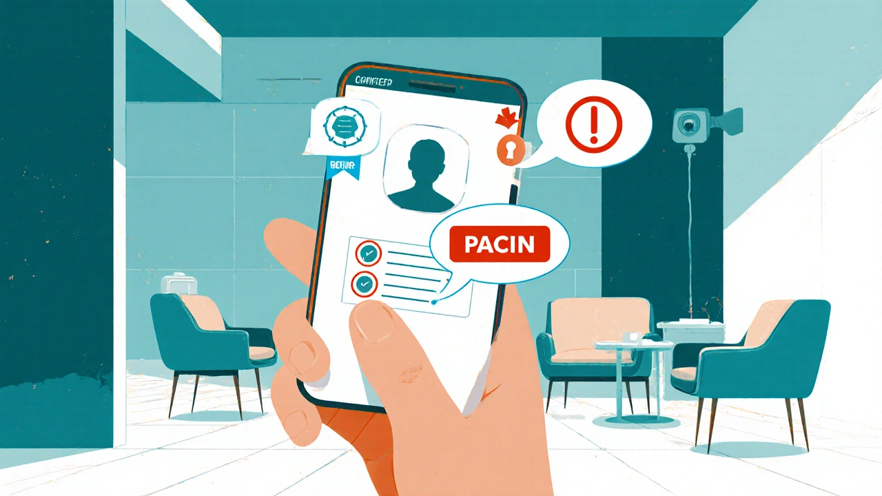Hand holding a phone showing a verified badge, encrypted chat and panic button in a safe lobby setting.