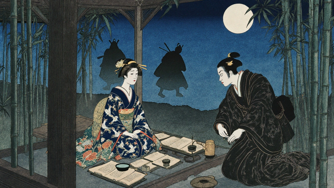 Horan, a Japanese courtesan in a moonlit garden, receiving a bow from a daimyo, surrounded by secret scrolls.