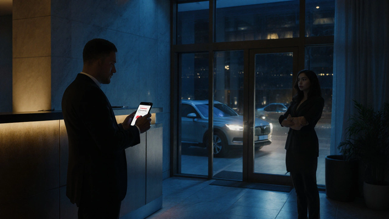Hotel lobby scene with a client holding a phone, a rideshare outside, and a friend watching.