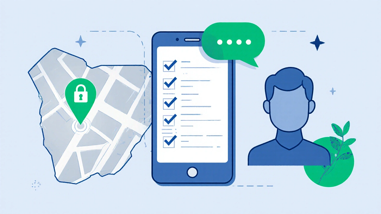 Illustration of safety steps: map, secure payment, friend alert, checklist.