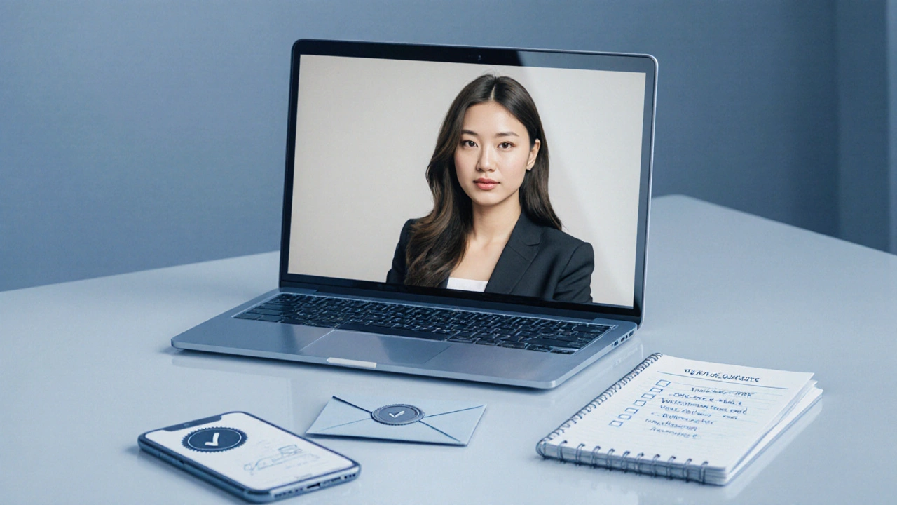 Laptop video call shows professional woman; desk holds verification items like a seal and notebook for safety.
