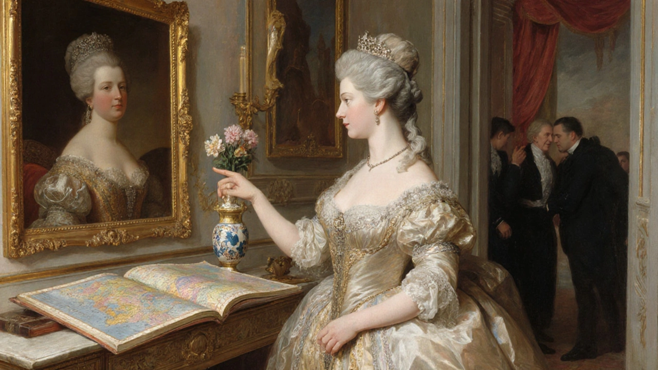 Madame de Pompadour overseeing a Rococo portrait and Sèvres porcelain, with ministers whispering behind her.