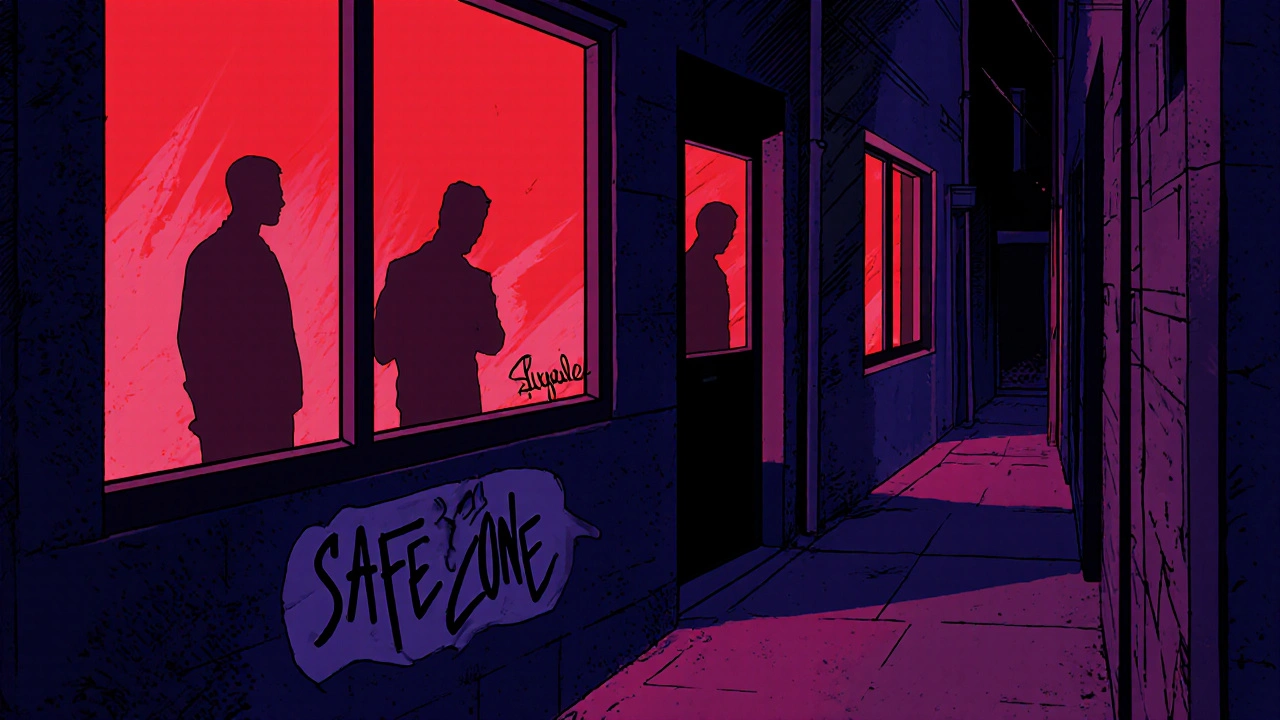 Neon‑lit alley with faint window silhouettes suggesting a discreet safe zone.