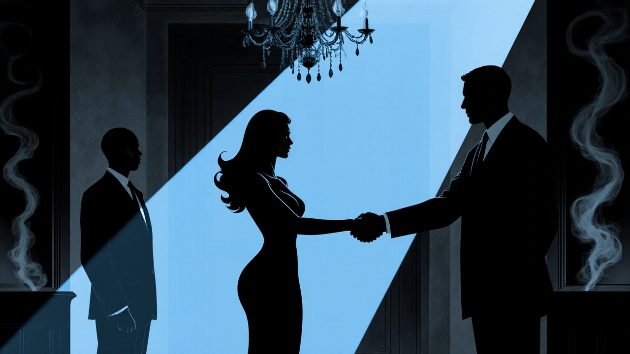 Silhouette of curvy escort and client shaking hands in a dim hotel lobby.