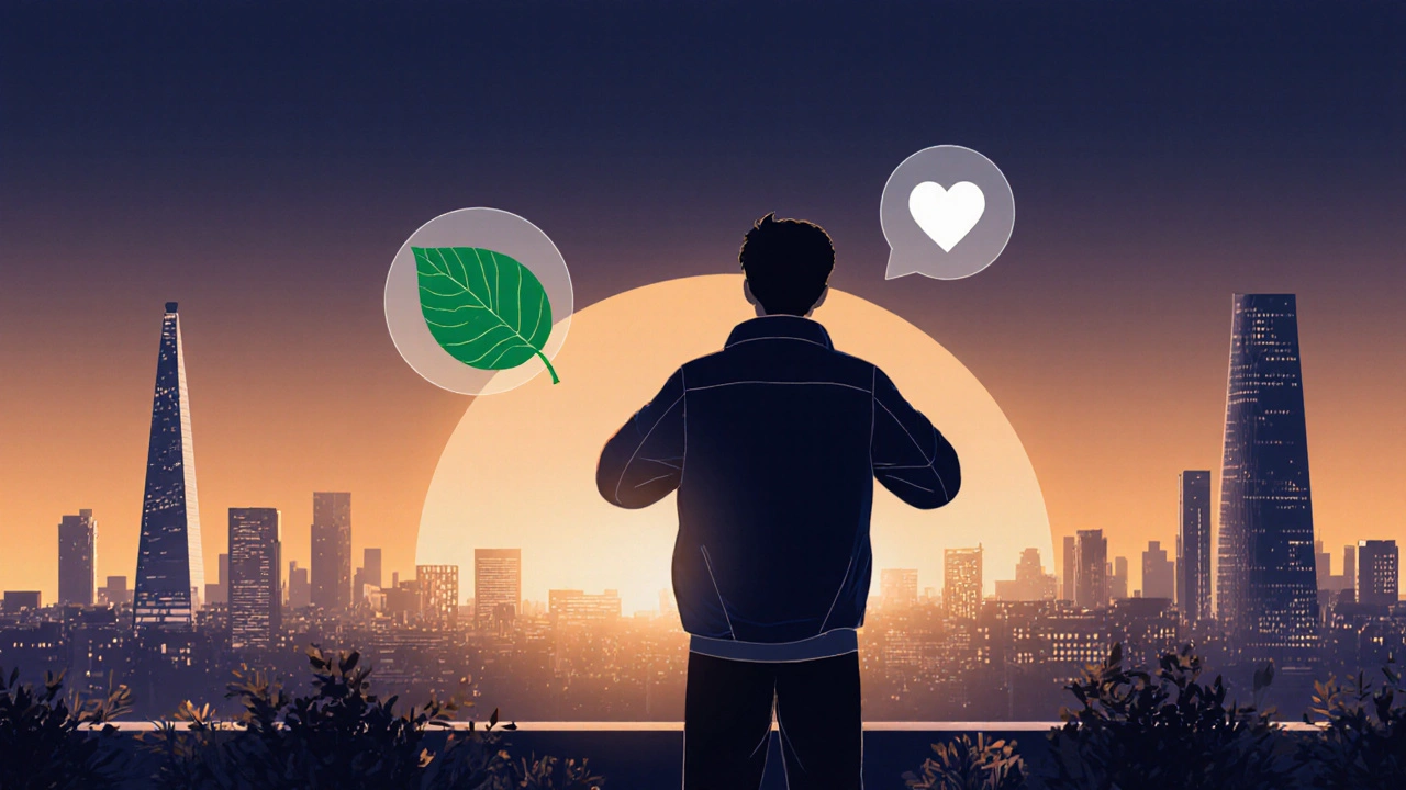 Silhouette on a rooftop watching sunrise over London, with leaf and heart icons floating above.