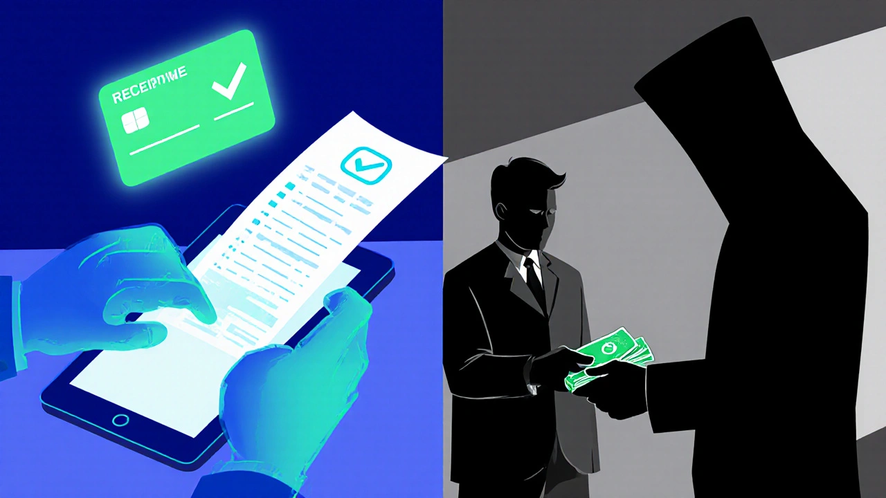 Split illustration contrasting safe digital payment with risky cash exchange.