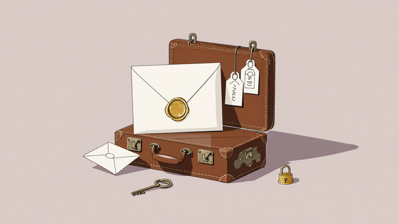 Styled scene of a sealed wax envelope, gold key, and sleek suitcase representing safety and luxury.