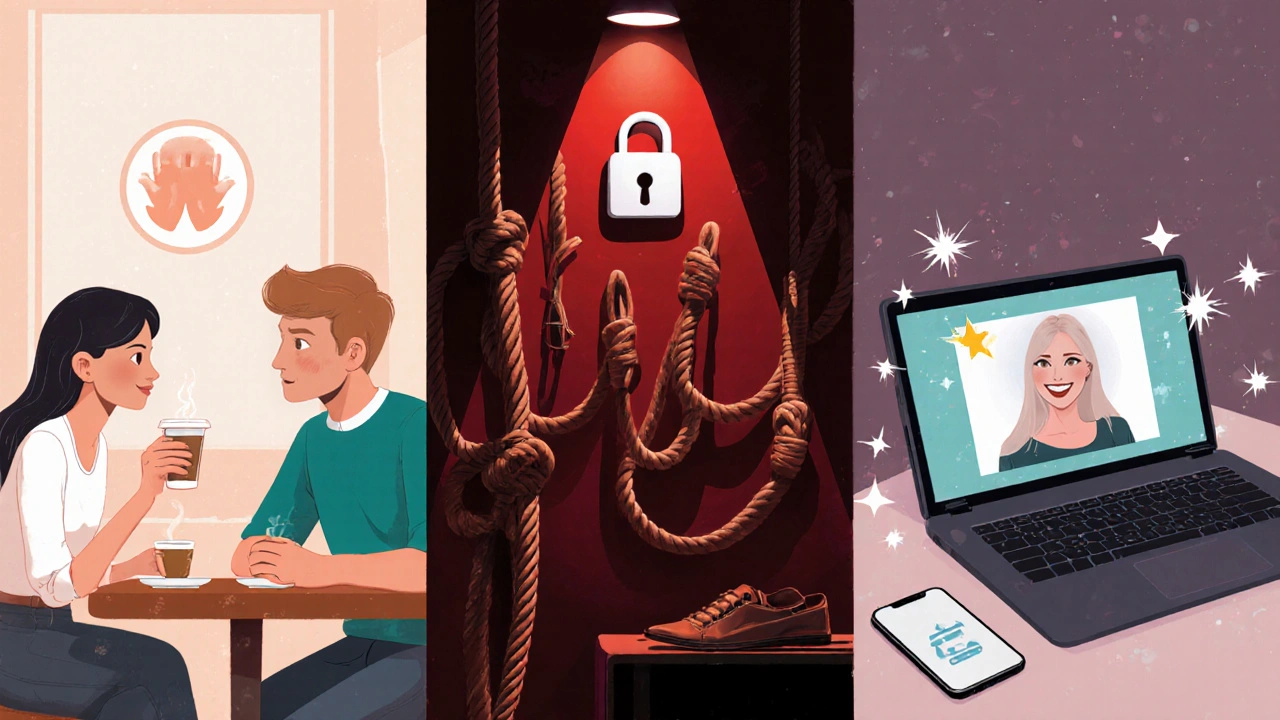 Three illustrated scenes: café GFE, dimly lit BDSM setup, and a video call on a laptop.