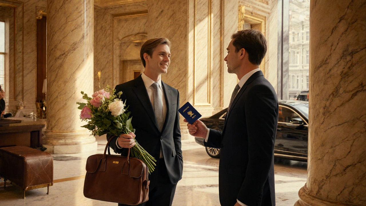 Travel companion meeting client in luxurious hotel lobby.