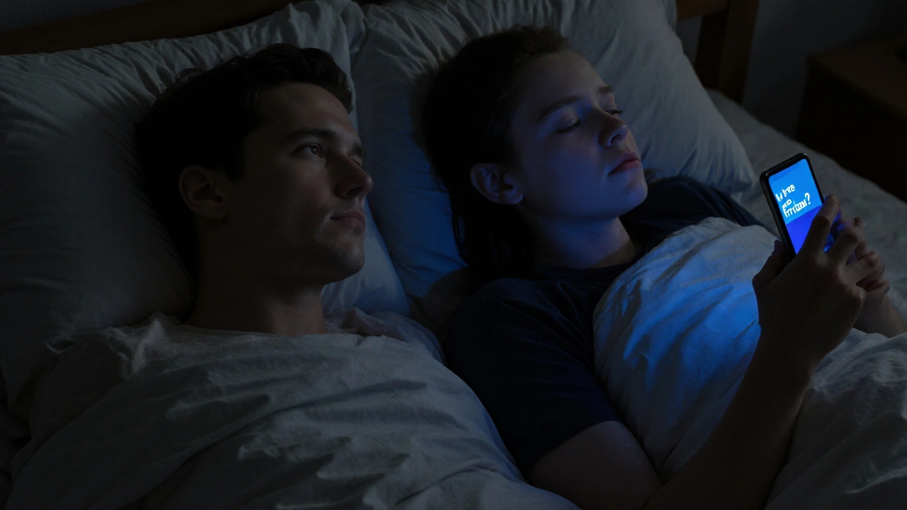 Two people lie back-to-back in bed, silent and disconnected, phone glow illuminating one face in the dark.