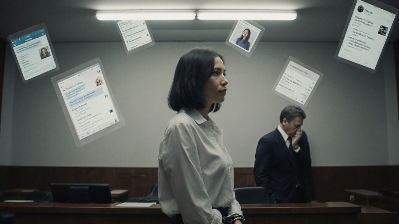 Woman in courtroom surrounded by digital evidence of online ads and messages, lawyer whispering nearby.