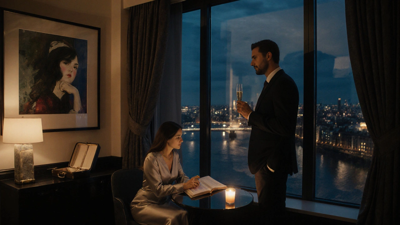 A businessman and elegant companion viewing the Thames from a Mayfair penthouse at night.