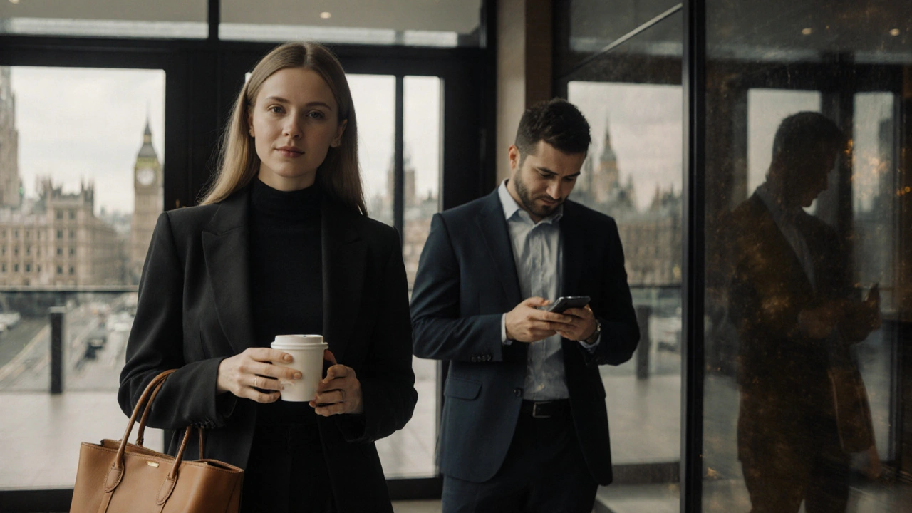 A calm encounter in a London hotel lobby between a companion and client, conveying respect and discretion.