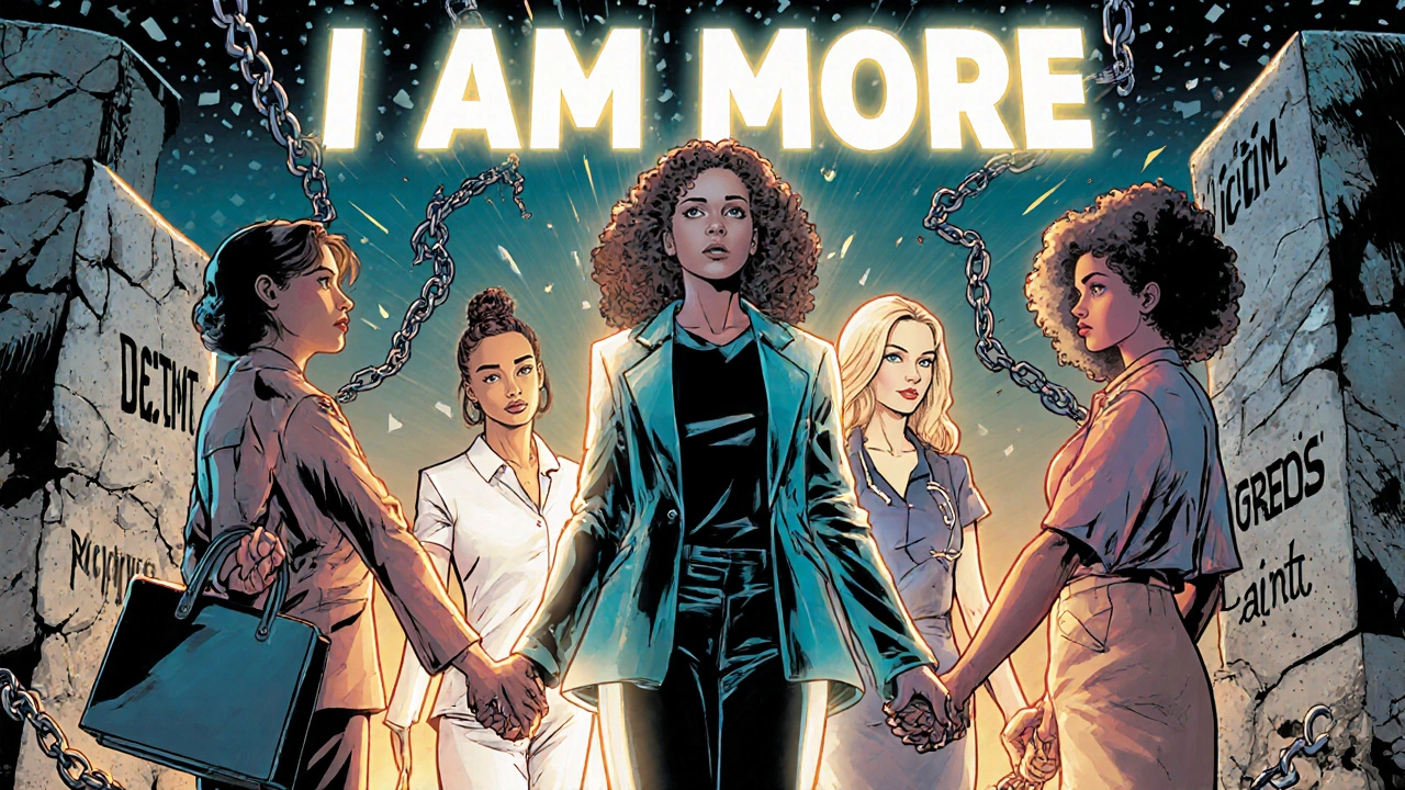 A circle of diverse women glowing with light, breaking chains of stigma as words &#039;I AM MORE&#039; shine above them.