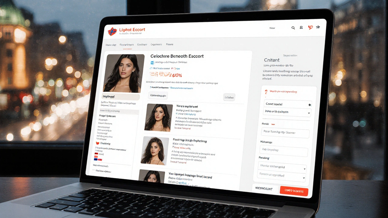 A clean digital booking interface showing transparent escort profiles with filters for language and interests.