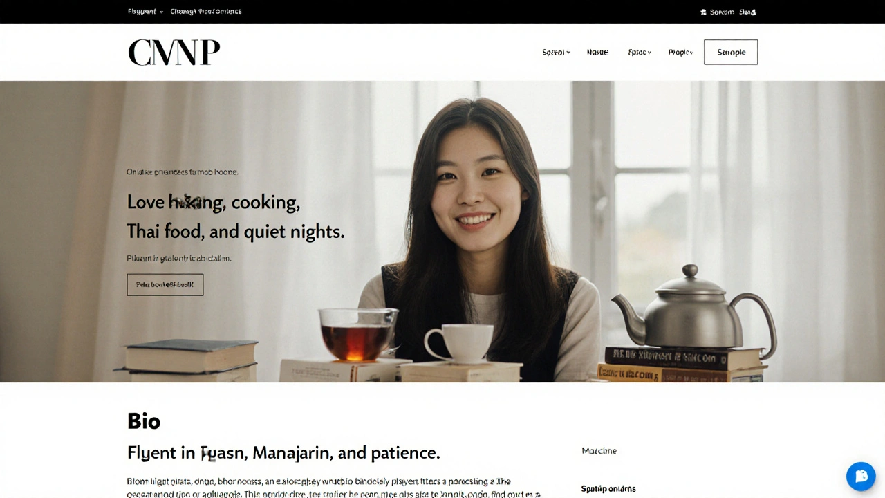 A clean personal website with a woman’s photo, books, and teapot, emphasizing personality.