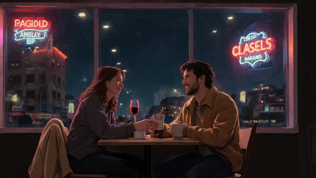 A couple laughing over coffee at a late-night gallery opening in Peckham, atmosphere calm and connected.