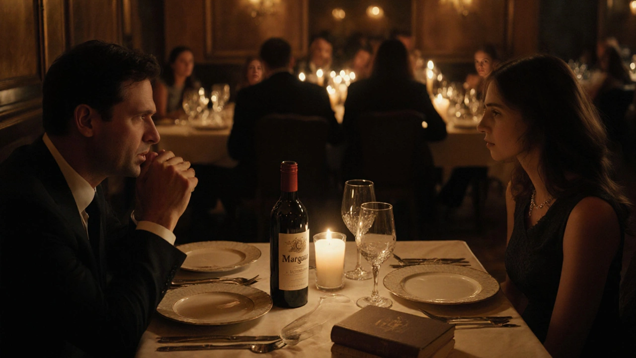 A couple shares a quiet candlelit dinner at The Ivy, fine dining and wine setting a tone of refined companionship.
