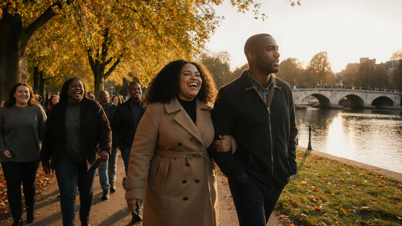 A curvy woman and a man walking together through Hyde Park in autumn, laughing under golden trees.