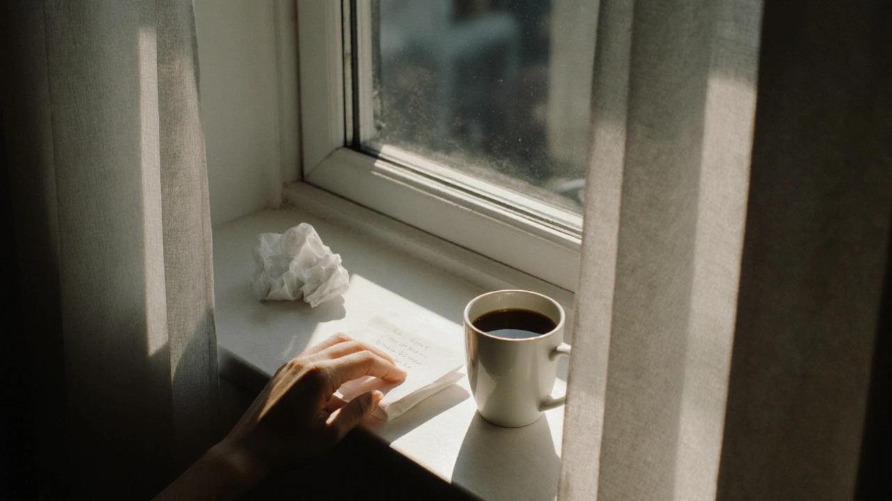 A folded note left on a windowsill with a coffee cup, suggesting a respectful goodbye.