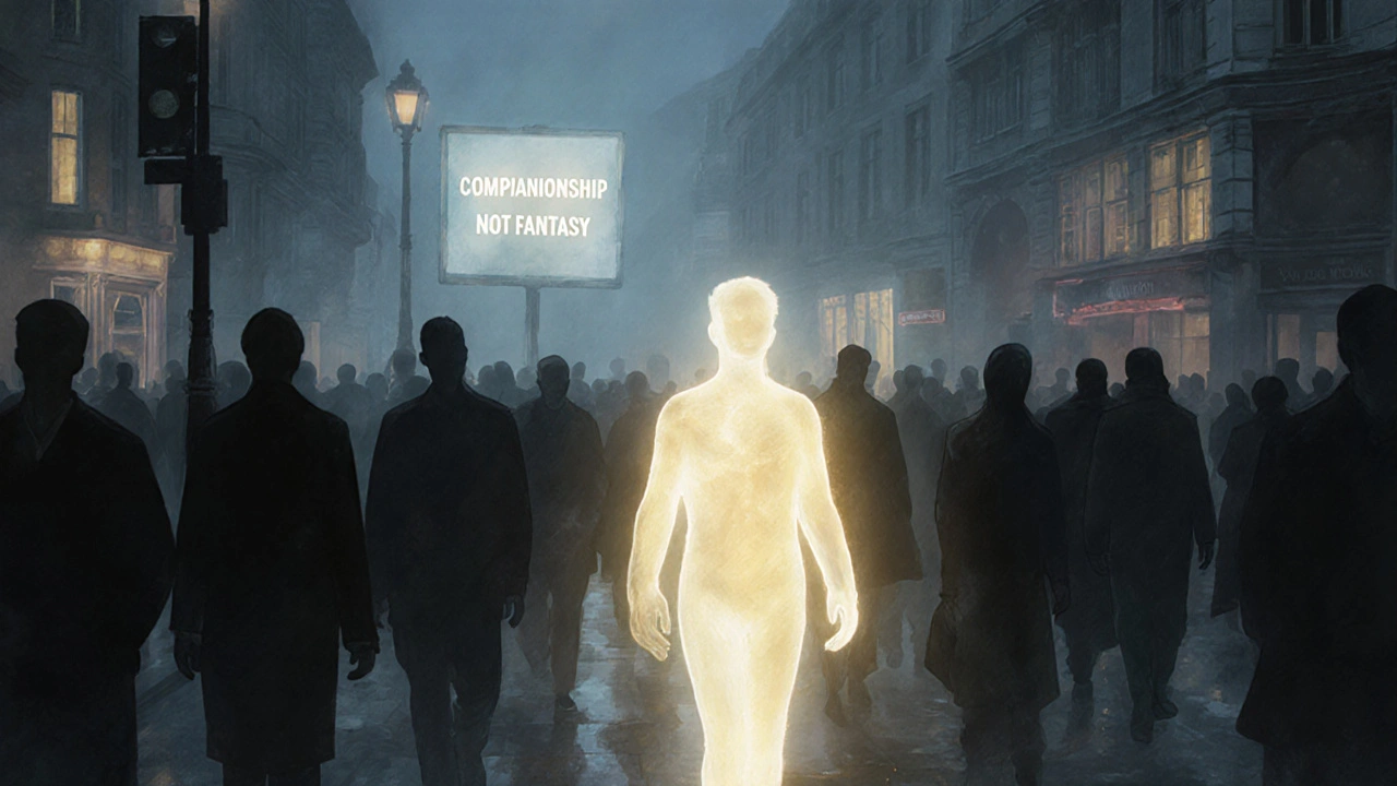 A glowing figure walking through a crowded London night, symbolizing authentic human connection amid urban isolation.